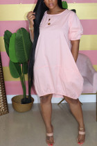 Pink Casual Bubble sleeves Short Sleeves O neck Lantern skirt Knee-Length Solid Dresses