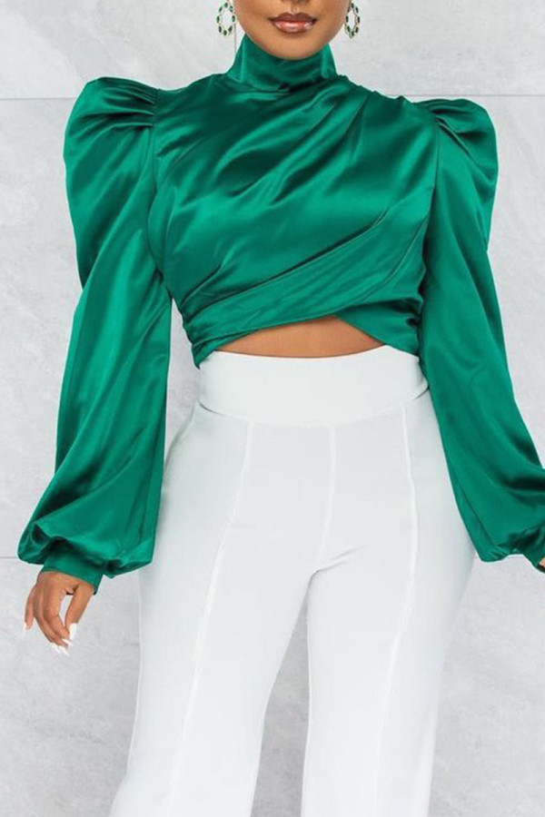 Green Elegant Solid Patchwork Fold Asymmetrical Turtleneck Tops