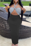 Pink Sexy Casual Patchwork Solid Hollowed Out Backless Halter Strapless Dress