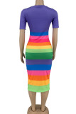 Light Purple Casual Striped Print Split Joint O Neck Pencil Skirt Dresses