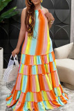 Rainbow Color Sexy Print Patchwork Backless Halter A Line Dresses