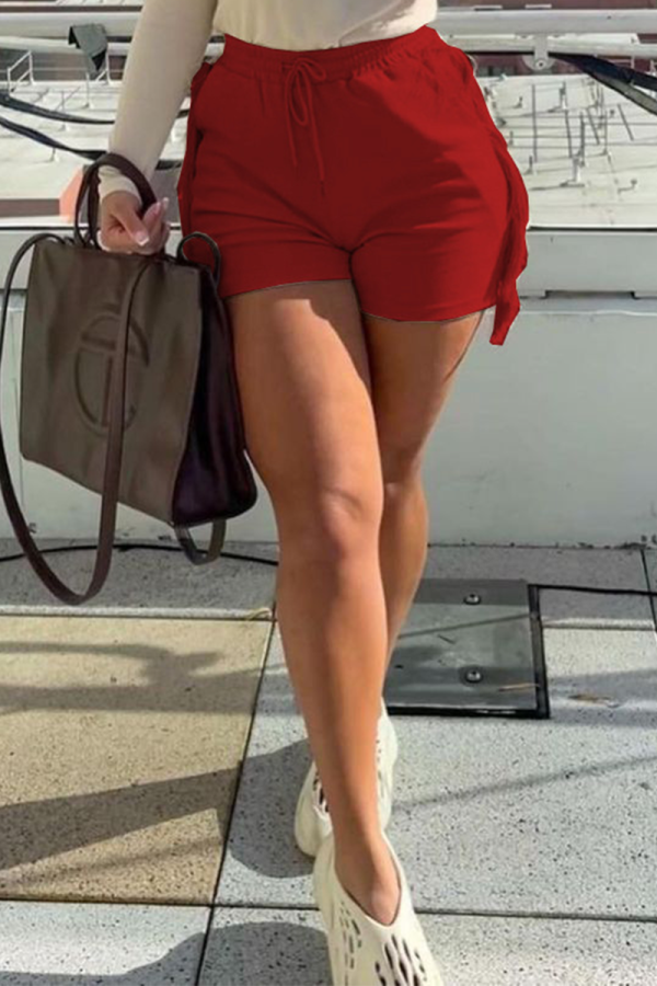 Orange Red Sexy Solid Tassel Skinny Mid Waist Straight Solid Color Bottoms