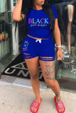 Red Fashion Casual Letter Print Ripped O Neck Short Sleeve Two Pieces