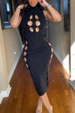 Yellow Sexy Solid Hollowed Out Turtleneck Pencil Skirt Dresses