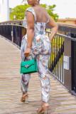 Blue Casual Print Patchwork Flounce Asymmetrical Sleeveless Two Pieces