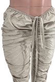 Khaki Casual Street Solid Patchwork Fold Regular Mid Waist Pencil Solid Color Bottoms