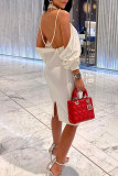 White Elegant Solid Patchwork Backless Pearl One Step Skirt Dresses