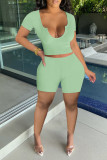 Light Pink Sexy Casual Solid Patchwork U Neck Short Sleeve Two Pieces