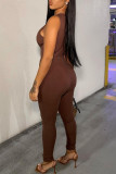 Brown Fashion Sexy Solid Basic V Neck Skinny Jumpsuits