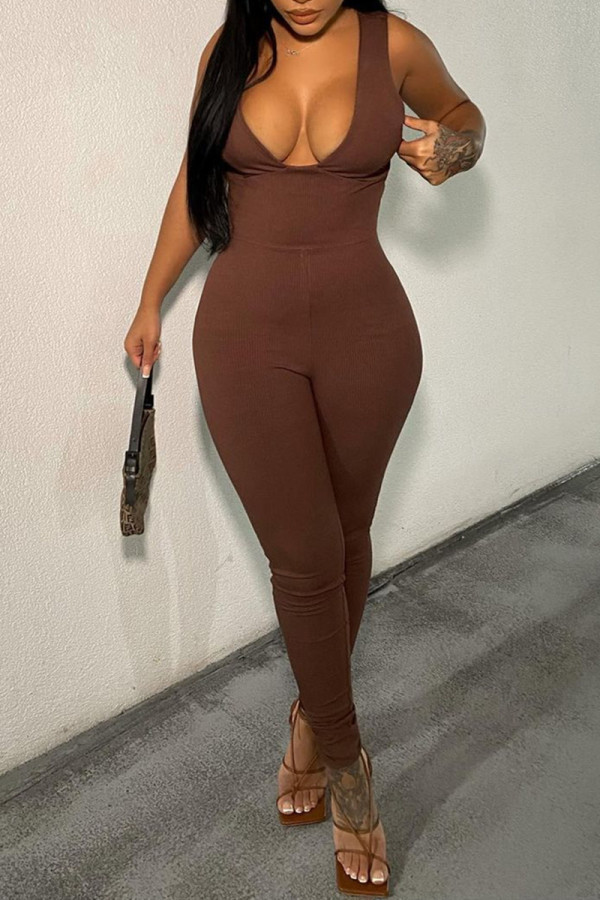 Brown Fashion Sexy Solid Basic V Neck Skinny Jumpsuits