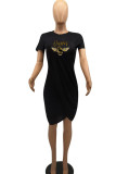 White Casual Print Patchwork Asymmetrical O Neck One Step Skirt Dresses