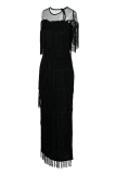 Black Sexy Solid Tassel Mesh O Neck Irregular Dress Dresses