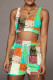 Orange Green Casual Print Patchwork U Neck Two Pieces