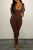 Brown Fashion Sexy Solid Basic V Neck Skinny Jumpsuits