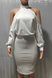 White Elegant Solid Patchwork Backless Pearl One Step Skirt Dresses
