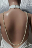 White Elegant Solid Patchwork Backless Pearl One Step Skirt Dresses