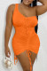 Tangerine Red Sexy Solid Patchwork Fold Oblique Collar Dresses