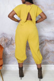 Yellow Fashion Casual Solid Backless O Neck Short Sleeve Two Pieces