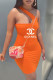 Orange Fashion Sexy Print Letter One Shoulder One Step Skirt Dresses