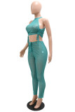 Green Fashion Sexy Print Draw String Frenulum See-through O Neck Sleeveless Two Pieces