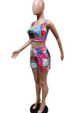 Red Blue Casual Print Patchwork U Neck Two Pieces