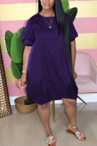 purple Casual Bubble sleeves Short Sleeves O neck Lantern skirt Knee-Length Solid Dresses