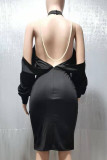 White Elegant Solid Patchwork Backless Pearl One Step Skirt Dresses