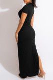 Coffee Sexy Solid Patchwork Slit Fold O Neck Straight Dresses