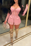 Pink Sexy Solid Mesh Square Collar Long Sleeve Two Pieces