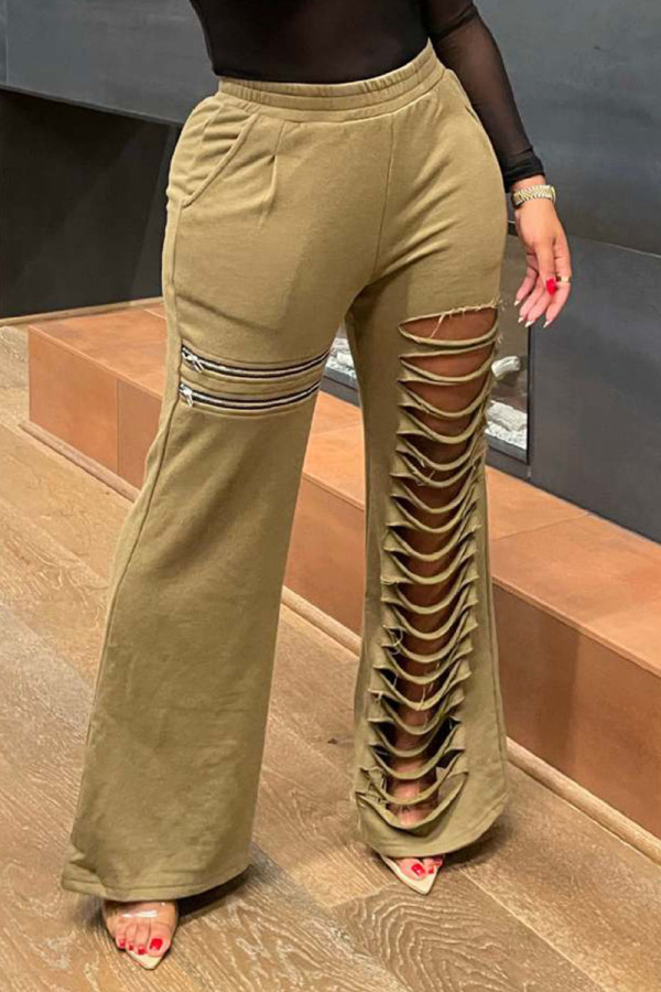 Khaki Casual Street Solid Hollowed Out Patchwork Zipper Boot Cut High Waist Speaker Solid Color Bottoms