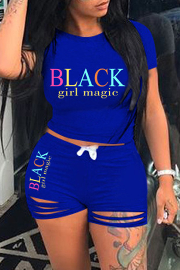 Blue Fashion Casual Letter Print Ripped O Neck Short Sleeve Two Pieces
