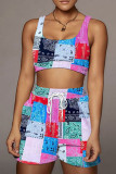 Red Blue Casual Print Patchwork U Neck Two Pieces