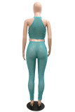 Green Fashion Sexy Print Draw String Frenulum See-through O Neck Sleeveless Two Pieces