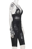 Black Fashion Sexy Patchwork See-through Backless V Neck Skinny Romper