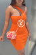 Orange Fashion Sexy Print Letter One Shoulder One Step Skirt Dresses