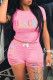Pink Fashion Casual Letter Print Ripped O Neck Short Sleeve Two Pieces