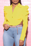 Yellow Fashion Sexy Solid Split Joint Buckle Asymmetrical Turndown Collar Tops