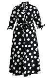 Black OL Turndown Collar A-Line Floor-Length Print Polka Dot Dresses