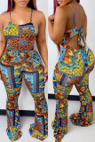 Multicolor Fashion Sexy Print Bandage Backless Spaghetti Strap Regular Jumpsuits