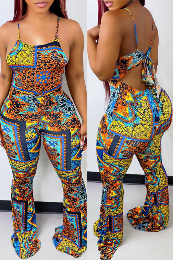 Multicolor Fashion Sexy Print Bandage Backless Spaghetti Strap Regular Jumpsuits