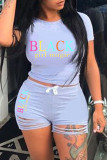 Red Fashion Casual Letter Print Ripped O Neck Short Sleeve Two Pieces