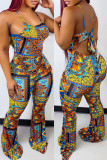 Multicolor Fashion Sexy Print Bandage Backless Spaghetti Strap Regular Jumpsuits