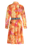Orange Fashion Casual Print Basic Turndown Collar Long Sleeve Dresses