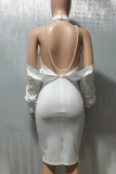 White Elegant Solid Patchwork Backless Pearl One Step Skirt Dresses