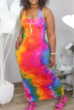 Rose Red Casual Print Tie Dye Patchwork U Neck Straight Dresses