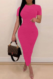 Rose Red Sexy Solid Patchwork Fold O Neck One Step Skirt Dresses