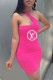 Rose Red Fashion Sexy Print Letter One Shoulder One Step Skirt Dresses