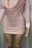 Pink Sexy Solid Sequins Patchwork Pencil Skirt Dresses