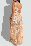 Orange Casual Solid Lace Spaghetti Strap Sleeveless Two Pieces