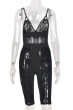 Black Fashion Sexy Patchwork See-through Backless V Neck Skinny Romper